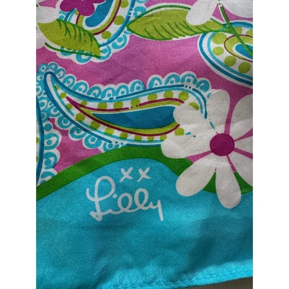 Lilly Pulitzer Ford VTG Silk Scarf Pink Blue Paisley Floral Breast Cancer Wrap